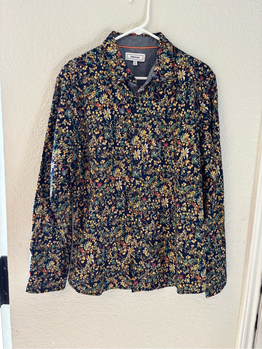 SMASH Botanical Floral Button Down Shirt XL 100% Cotton Long Sleeve Navy Boho
